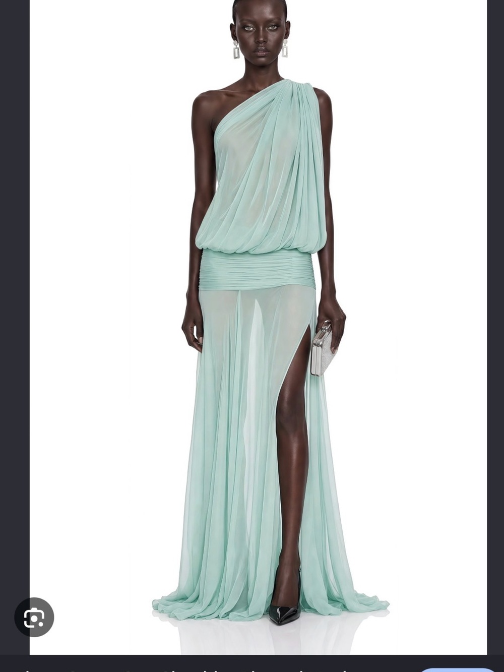 One-Shoulder Mint Green Chiffon Evening Gown
